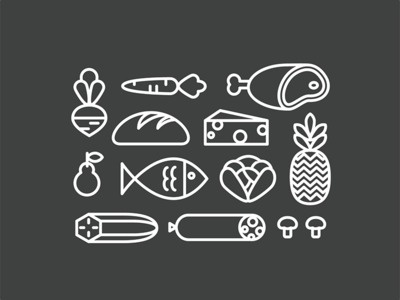 Grocery Bag Illustration Icons by Sara Dávila Evangelista #cheese #fish #fruit #sausage #icons #food #vegetables #illustration #grocery #meat #bread
