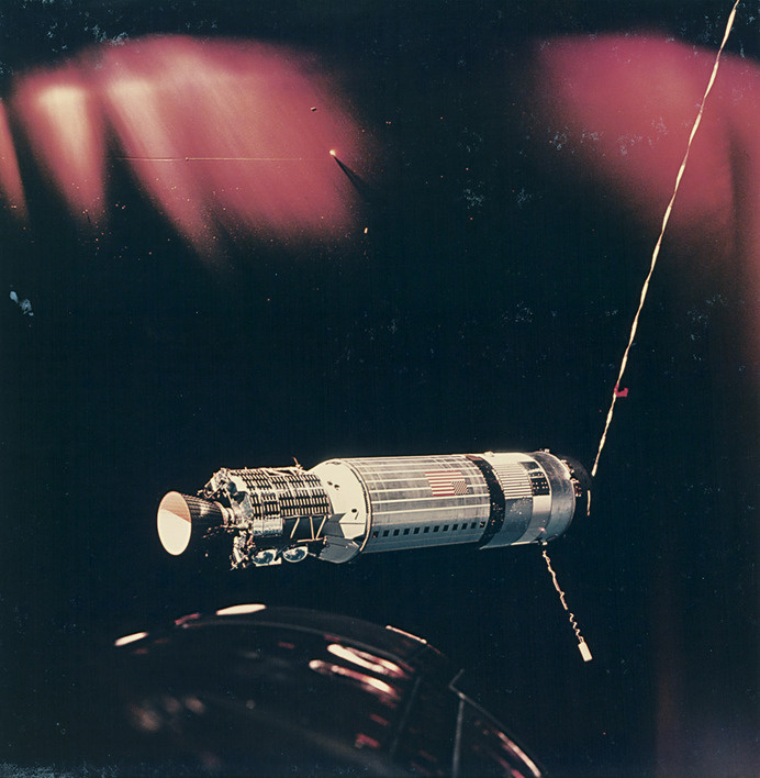 Satelite in Earth's orbit taken from Gemini 8, March 1966. chromogenic print on Kodak paper. NASA. Via Bassenge This is the Agena Target #gemini #satellite #space