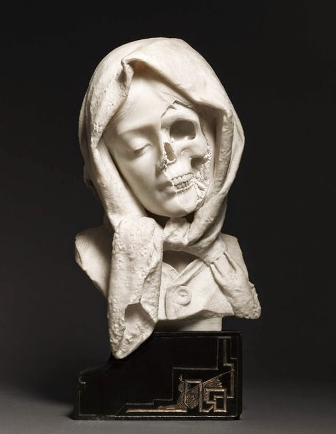 VANITAS WOMAN - 19TH CENTURY Cerca #sculpture #bust #woman #skull #shroud #bones #white #hood #macabre