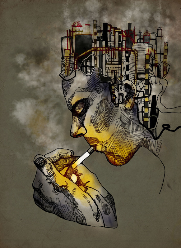 Smoking like a Chimney - Katie Melrose #factories #cigarette #illustration #portrait #smoking #pollutiom