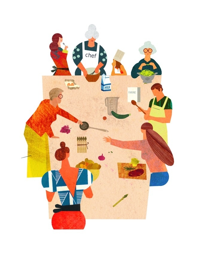 Veronique Joffre : Quartiers des Générations / Intergenerational Neighborhood, colagene.com #family #color #table #block #illustration #kitchen #paper
