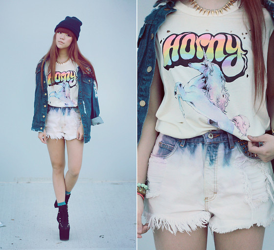 Unif Unicorns R Horny Tee, Shredded Denim Shorts, Unif Hellbound, Denim Jacket, Beanie | Unicorns 'R' Horny (by Willabelle Ong) | LOOKBOOK #fashion #photography #woman