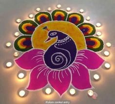 Colorful Peacock rangoli designs for diwali