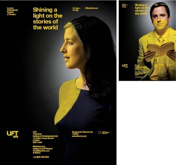 LIFT 2012 xe2x80x94 Identity/Marketing The London International Festival of Theatre, directed by Mark Ball brings theatrical experienc #yellow #direction #brand #art #poster #circle