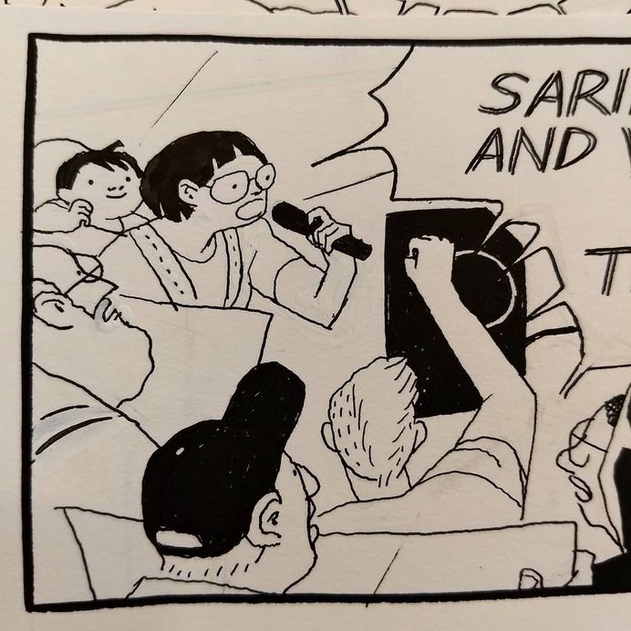 This panel is getting cut but I like min-ju in his little baby backpack