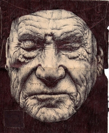 Flavorwire » Gorgeous Ink Portraits Drawn on the Backs of Old Envelopes #ink #drawing #envelope