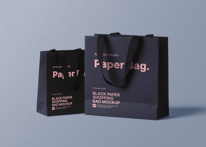Customize black paper shopping bag mockup template. Place your store branding design to the shopping bag mockup items. Enhance filter effects and background color to create your own shopping bag mockup template right in your browser. #mockup #package #packaging #logo #branding