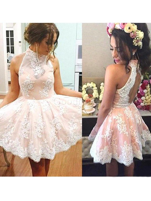 Robe de graduation naturel bref ligne a de princesse de col haut