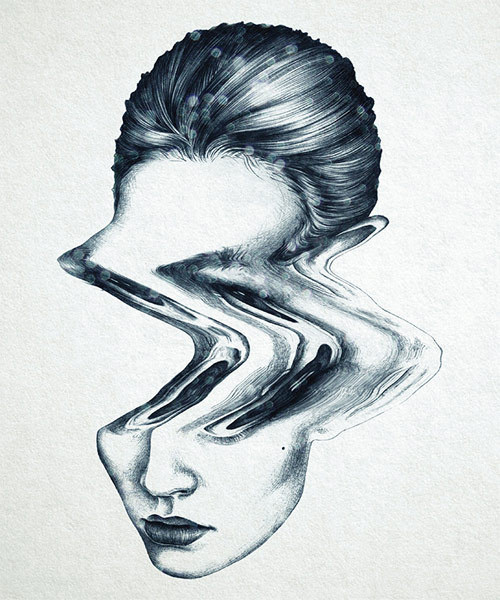 Artist illustrator Milou Maass #ink #head #wave #female #illustration #portrait #distortion #lady