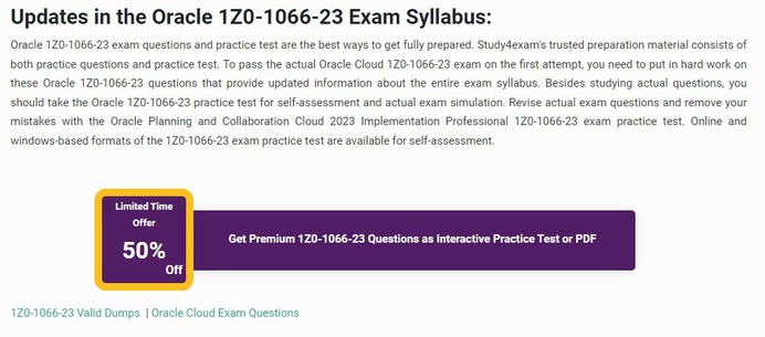 Level Up Your Planning and Collaboration Cloud Expertise With Oracle 1Z0-1066-23 Exam Questions

The expertise necessary to create and manage a supply plan, manage data gathering and analytics, and configure and manage a demand plan has been shown by an Oracle Planning and Collaboration Cloud Certified Implementation Professional. Those who obtain this certification are accustomed to using simulation sets, handling exceptions, and collaborating with advanced fulfillment. Professionals recommend using one of the most Latest Syllabus Based Free Oracle 1Z0-1066-23 Exam Questions in order to have a deeper understanding of exam topics and obtain this certification. The certification opens doors to more advanced and specialized roles within Oracle Planning and Collaboration Cloud implementation and administration.

Exam Format For Oracle 1Z0-1066-23:

1.The 1Z0-1066-23 exam consists of multiple-choice questions, scenario-based questions, and practical exercises.

2. The exam duration is 90 minutes, and a passing score of 64% is required.

Here's an overview of the key topics you should be familiar with for the exam:

1. Product Configuration:

Understand the features and capabilities of Oracle Planning and Collaboration Cloud.

Configure planning applications to meet specific business requirements.

Set up collaboration features to enhance communication and teamwork.

2. Data Integration:

Configure data sources for integration with Oracle Planning and Collaboration Cloud.

Implement data loading and data extraction processes.

Understand data mapping and transformation techniques.

3. Security:

Configure security settings to control access to planning applications.

Implement role-based security to ensure appropriate user permissions.

Understand and apply security best practices.

4. Planning and Forecasting:

Create and manage planning models for financial and operational forecasting.

Understand forecasting methodologies and techniques.

Configure and optimize planning processes for accuracy and efficiency.

5. Collaboration and Workflow:

Implement collaboration features to facilitate communication and input from stakeholders.

Configure workflows to streamline planning and approval processes.

Optimize collaboration tools for effective teamwork.

Your ability to use Oracle Planning and Collaboration Cloud solutions is demonstrated by passing the Oracle 1Z0-1066-23 exam, which makes you an invaluable resource in the industry. Achieving the certification provides a sense of accomplishment and validates your hard work and dedication to mastering the platform.