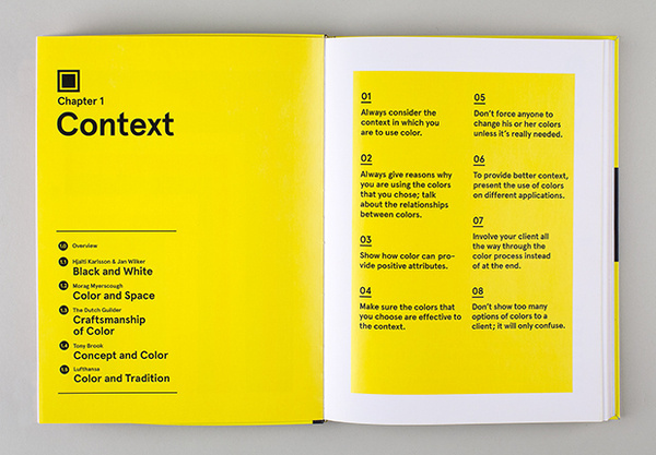 Each chapter opens with eight guidelines for using color related to the topic at hand. #spread #color
