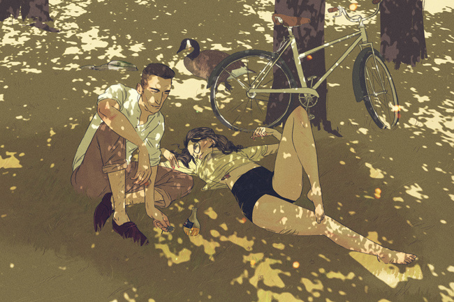 JEROME MIREAULT / colagene.com #sun #young #couple #woman #grass #park #illustration #relationship #nature #bike #summer #man #love #leaves