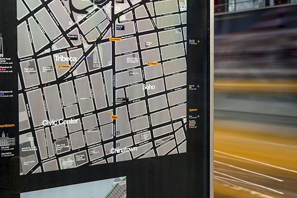 The maps use a 'heads up' orientation that corresponds to the direction the user is facing. #pentagram #ny #wayfinding