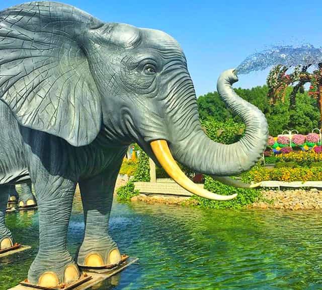 Elephant Fountains structure is solidly built without any flowers. The only structure that is without flowers at the Dubai Miracle Garden.