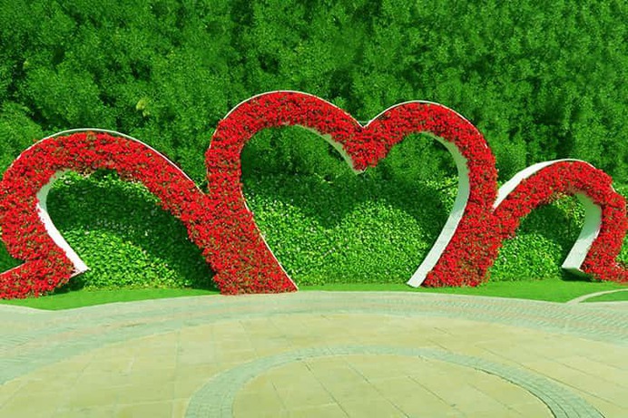 Rising Hearts Floral Theme at the Dubai Miracle Garden. A trio of heart arise from the earth with a background of green shrubs.