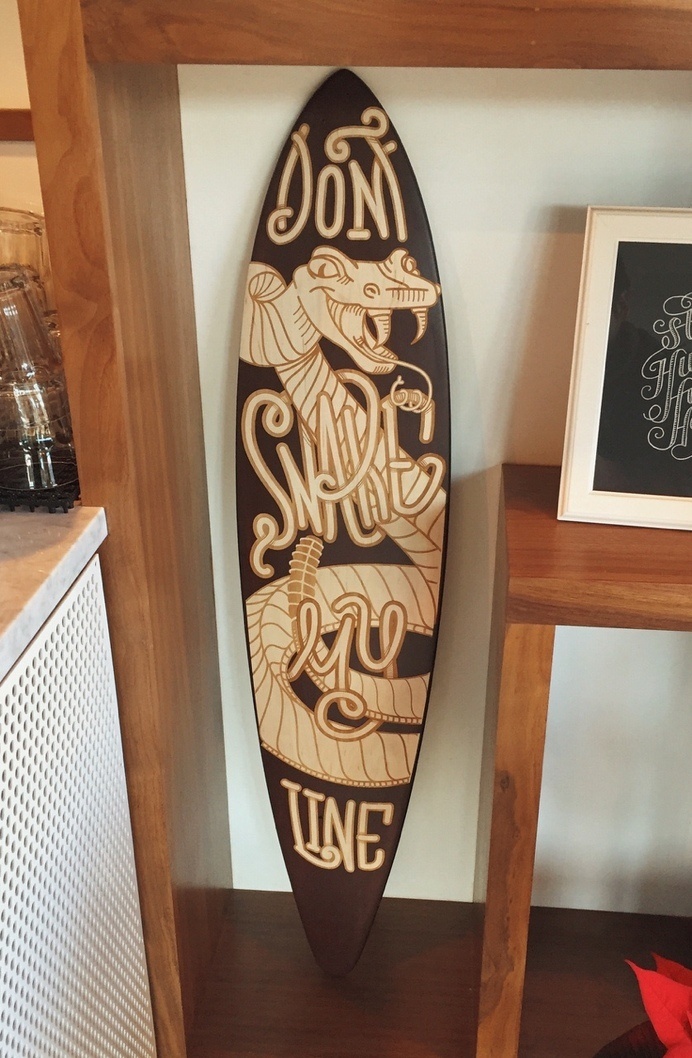 Ride On PDX skate deck #deck #prettymans #shop #skateboarding #laser #snake #engraving #wood #illustration #skate #art #show #coffee #type #typography