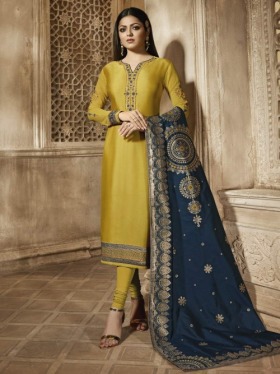 Bollywood Diva Drashti Dhami Style Yellow Satin Georgette Embroidered Straight Cut Suit - Inddus.