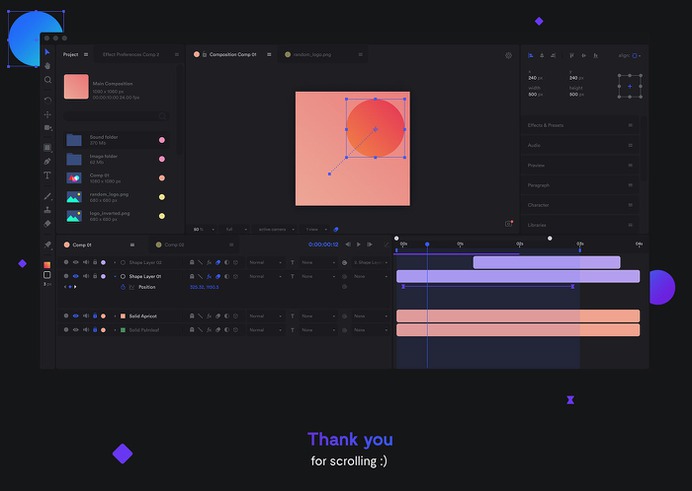 This After Effects redesign concept puts the focus on simplify the whole ui surface to give an attractive getting in, especially for beginners. In addition, the process becomes easier for advanced and experienced users. ADOBE REDESIGN CONCEPT, AFTER EFFECTS, UX DESIGN, UI DESIGN, DARK, DARK THEME, UX, UI, ANIMATION, MOTION, FOLDER, GRAPH, ALIGNMENT, SOFTWARE, APP,