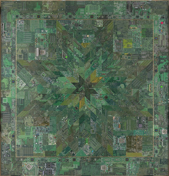 Green Star Quilt, Wally Dion, 75 5/8 x 70, circuit boards, brass wire, copper tube. A large square work composed of circuit boards in various shades of green pieced together like a quilt and connected with brass wire. At center, the circuit boards have been cut into diamond shapes and pieced to form an eight-pointed star. Further diamond shapes surround this star and radiate outward until they create a large star that almost fills the entire work. A thin gold line encompasses the large star forming a square. A border of more circuit boards completes the work. Many shades of green make up the different boards and they are heavily textured with silver and brass colored workings. Small silver balls in rows or patterns dominate the boards along with other metallic geometric shapes. Etched lines in patterns feature in most of the green boards.