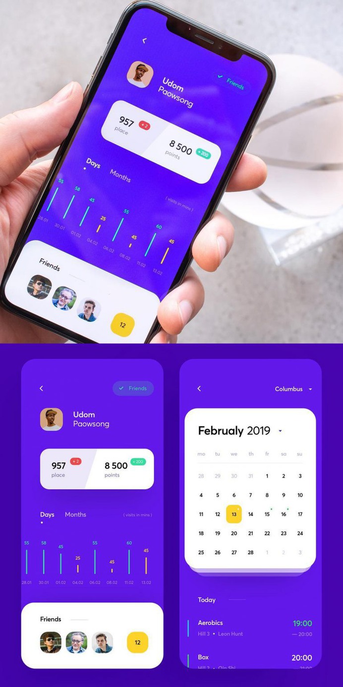 Fitness club statistics and calendar exercises app design