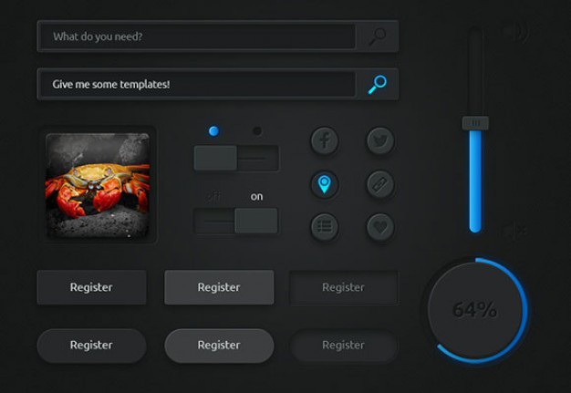 Dark user interface with blue lights Free Psd. See more inspiration related to Blue, Web, Lights, Elements, Ui, User, Buttons, Psd, Dark, Web elements, Web button, Interface, User interface, Horizontal and Toggles on Freepik.