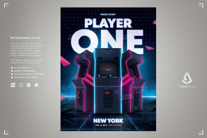 Video Games Flyer 80s Retro Arcade Gaming Poster Template
