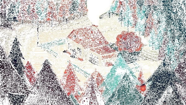 Animation of a house in the woods while snowing
