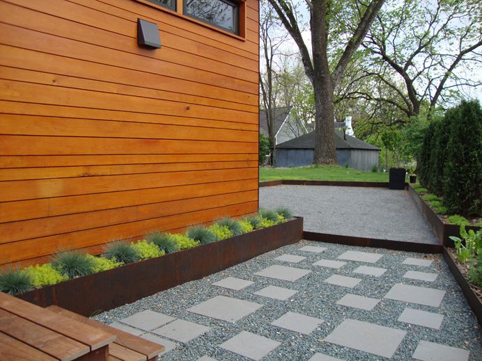 bluestone paver path set in gravel and stone dust patio