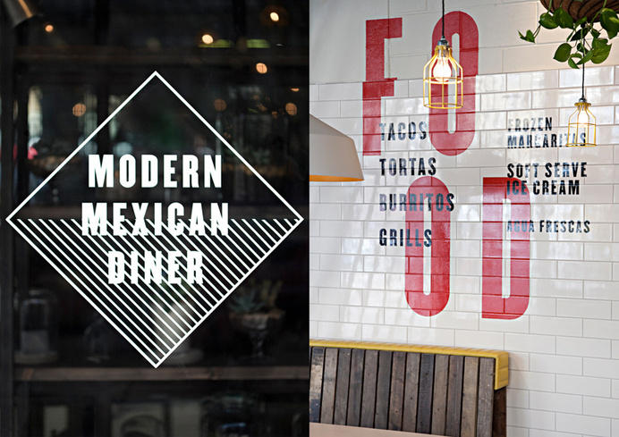 Environmental graphics designed by Buro Creative for UK Mexican dining concept DF / Mexico. Featured on bpando.org #tiles