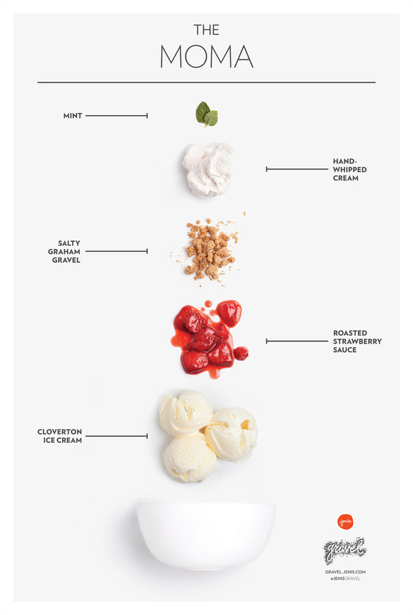 The MOMA Cloverton ice cream, Roasted Strawberry sauce, Salty Graham gravel, whipped cream, and mint. #cream #ice #infographic #design