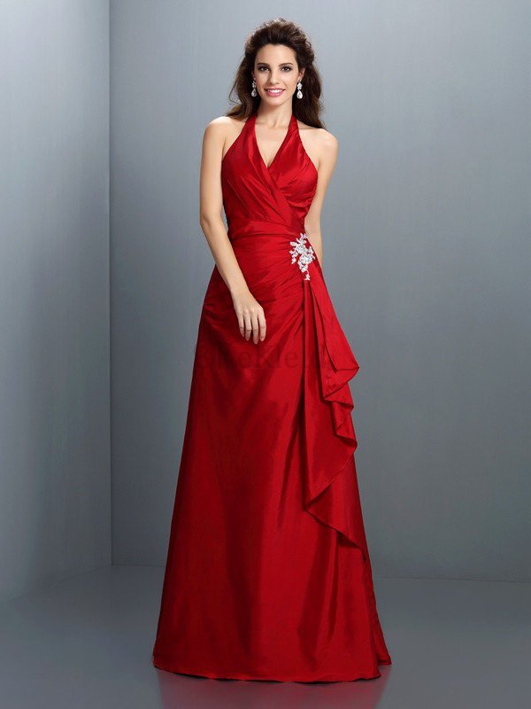 Nackenband Ärmelloses Bodenlanges Abendkleid mit Natürlicher Taille aus Taft
