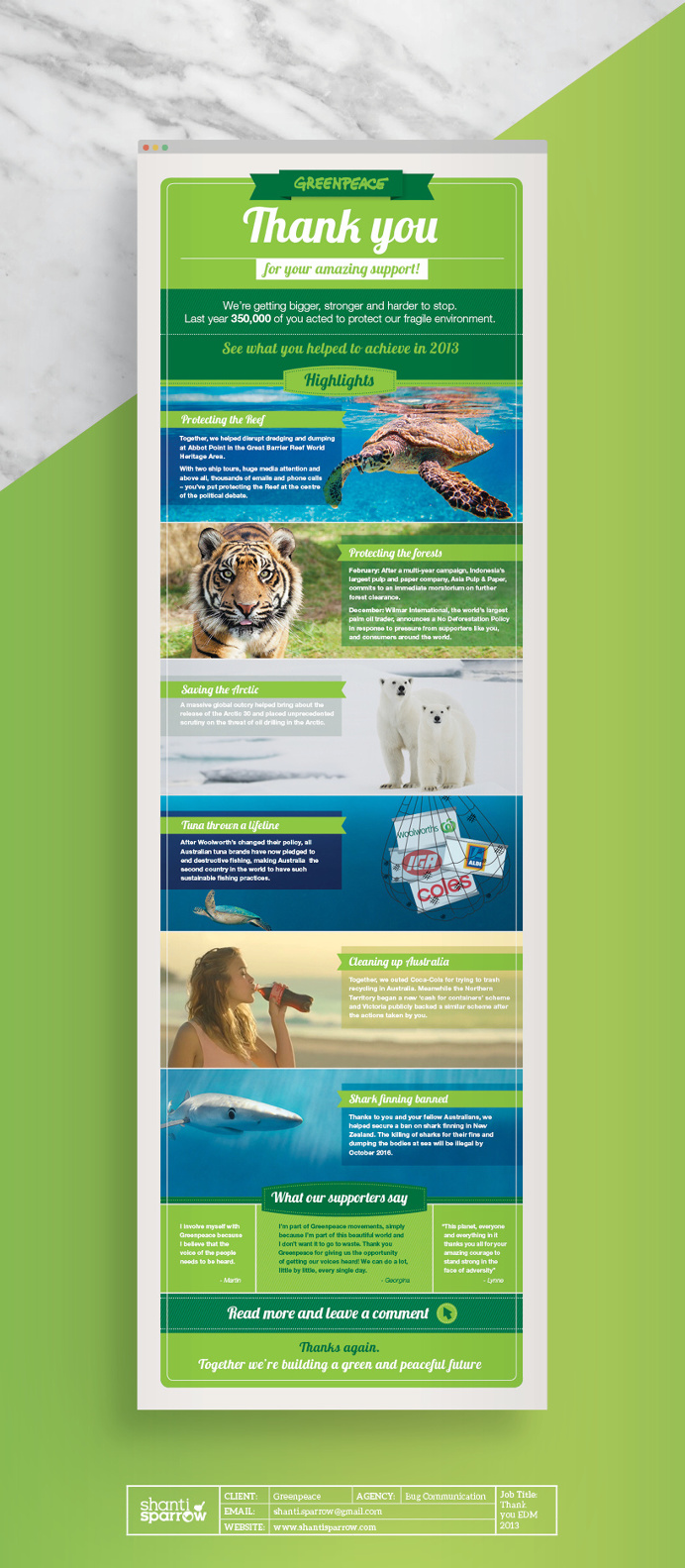 Design by Shanti Sparrow Client: Greenpeace Project Name: Thank You EDM www.shantisparrow.com #Design #graphicdesign #layout #environmenta