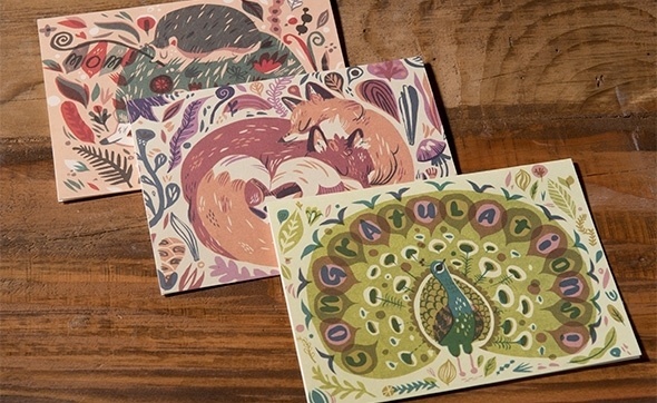 Red Cap Cards #fox #card #print #illustration #hedgehog #animals #peacock