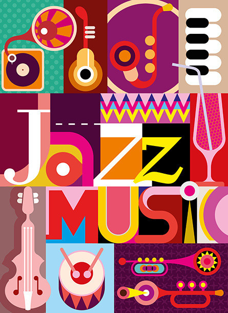 Jazz. Musical collage - vector illustration with musical instruments and inscription "Jazz Music". Design with fonts. #graffiti #song #illustration #violin #music #ve #concert #abstract #guitar #background #trumpet #jazz #design #color #poster #wallpaper #party #banner #piano #collection #band #gramophone #sax #vector #pop #graphic #art #cocktail
