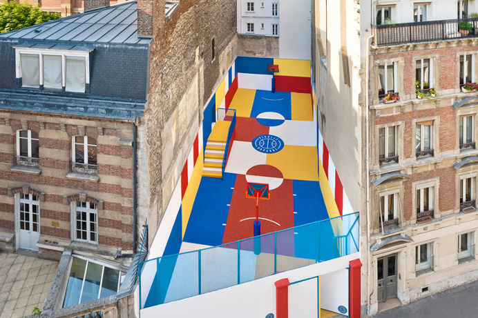 Pigalle Creates a Colorful Basketball Court Between Paris Apartments Inspired by 1930s artwork 'Sportsmen' by Russian artist Kasimir Mal