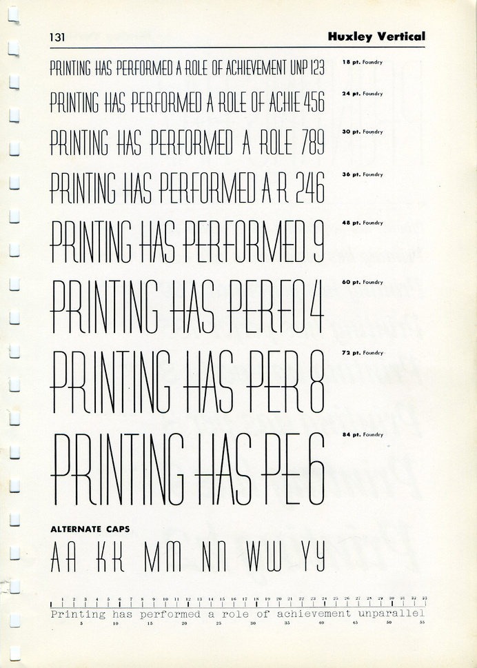 Vintage font specimen of Huxley Vertical #type #specimen #font