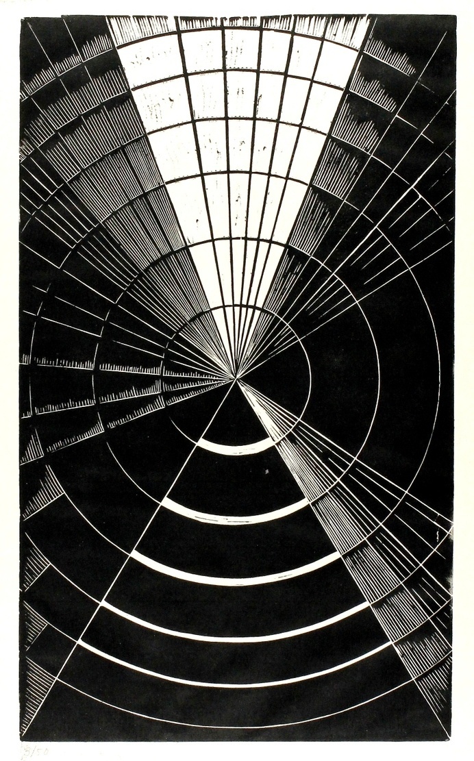 Erika Giovanna Klein, Light and Shadow 1, 1930. Linocut http://galeriehochdruck.com/Ausstellungen/Promenade/promenade_catalogue.html #triangle #radial #contrast