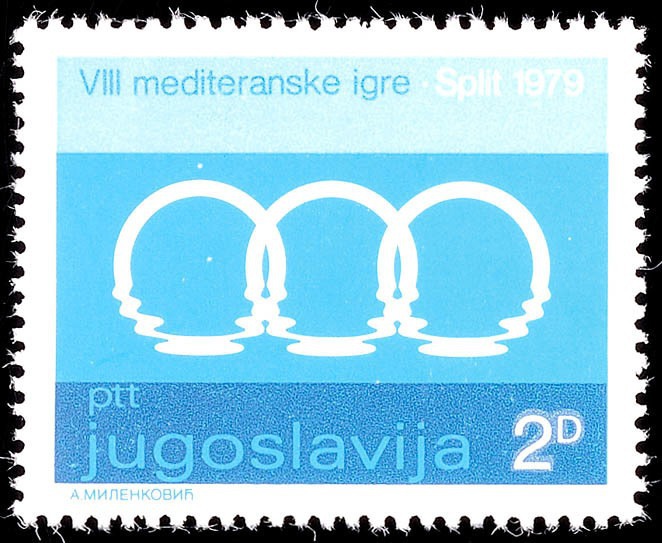 Design ephemera from the 1979 Mediterranean Games in Split. The logo, designed by Boris Ljubičić in 1976, features rings that represent the 3 continents of the Mediterranean.