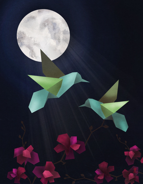 Hummingbird Illustration. jacquelombardo.com #design #graphic #bird #digital #illustration #art #flowers #moon