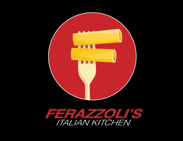 Ferazzoli's Italian Kitchen Logo Design.Original digital illustration of macaroni on a fork to create the letter F for Ferazzoli's.