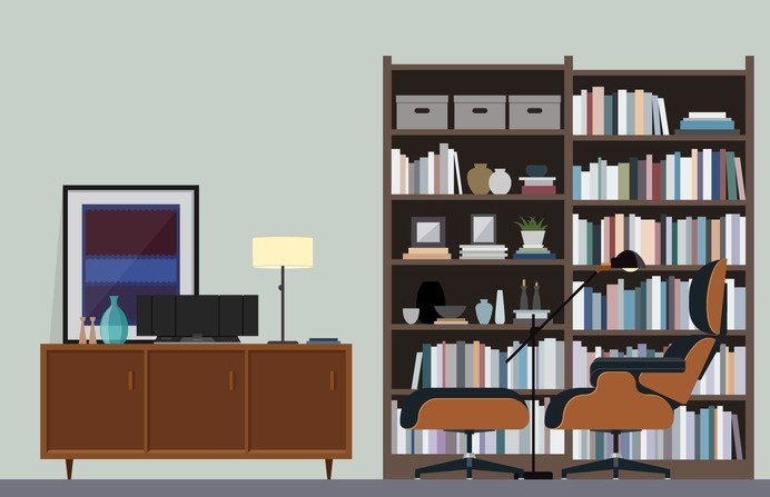 Home Library Study Illustration – Nathan Manire #retro #icons #theme #illustration #vintage #study #midcentruy #decoration #modern #design #color #geometric #series #lounge #room #eames #flat #soundfreaq #interior #chair #decor #home #simple #library