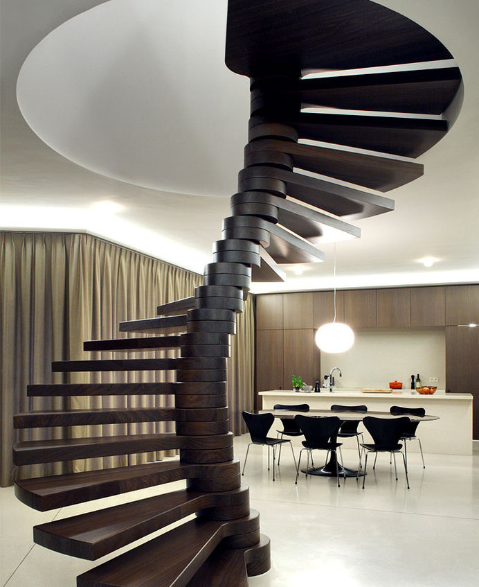 Symmetrical Tripartite Villa Moerkensheide self supporting spiral staircase #stairs #interior #staircase #kitchen