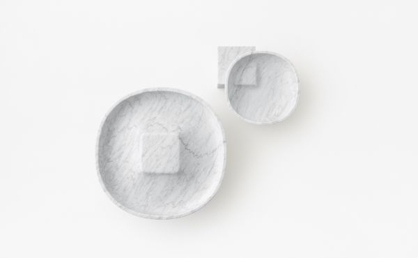 Underbowl S and Underbowl L bowl by nendo in White Carrara marble, matt polished finish.