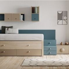 Dormitorio juvenil compacto compuesto por dos camas y cajones, la cama de enmedio es muy fácil de abrir todas las noches ya que lleva ruedas. El dormitorio está amueblado con módulos de cajones a modo de escalera y una mesa de estudio abatible con estantería incorporada