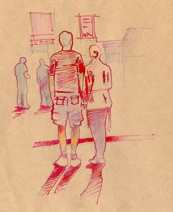 red ink on paper #ink #couple #drawn #street #watercolor #hand #sketch