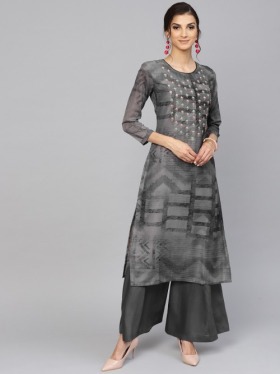 Grey Thread Embroidered Palazzo Suit - Inddus.