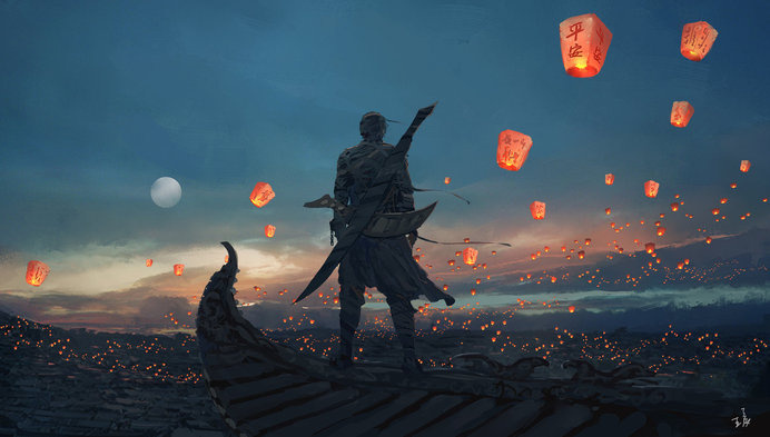 Sky Lanterns by wlop #digital #illustration #fantasy #art