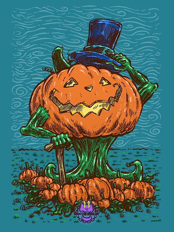Mr. Pumpkin is a proud, fancy and ginormous animated pumpkin man standing proud amongst his small patch of pumpkins on a windy and cool October night!