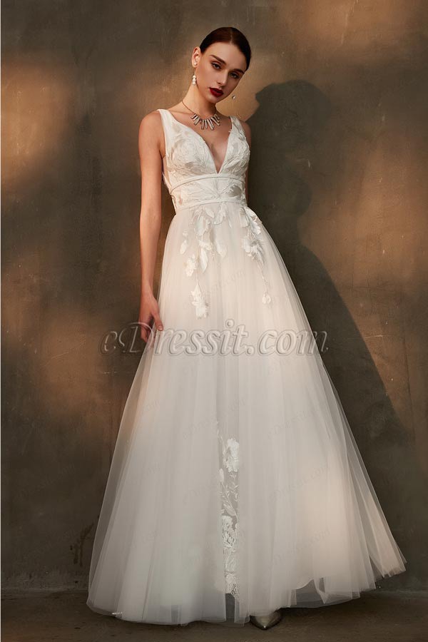 Sexy Deep V-Cut Lace Applique Tulle Wedding Party Dress-eDressit (01200207)