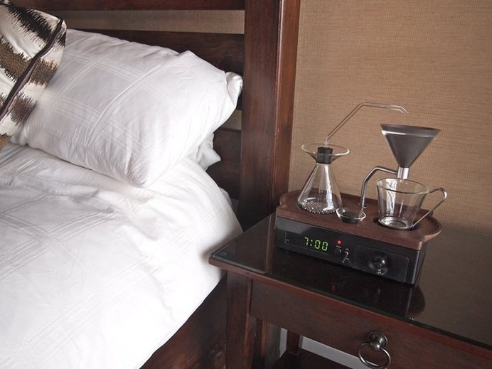 Barisieur, this innovative alarm clock wakes you up and also brews a fresh cup of coffee at your bedside - first thing in the morning! #modern #lifestyle #style #design #home #product #industrial #alarm #clock #brewer